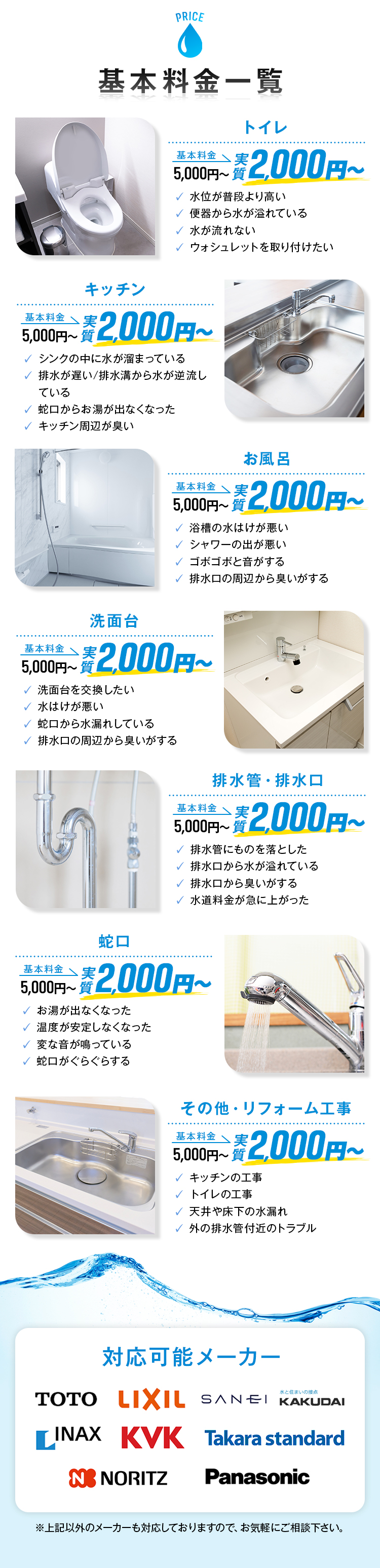 作業料金一覧 トイレ・洗面所・キッチン・お風呂・排水管・水道管のトラブル・水漏れ、水回りのリフォーム